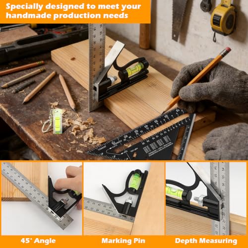 Rafter Square and Combination Square Tool Set, Including 7inch Carpenter-Square Wood Working Tool and Accessories, 12inch Square-Ruler(Color:Black)