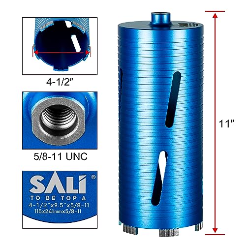 SALI Diamond Core Drill Bits 4 1/2" Diameter 10"/254mm Drilling Depth 5/8-11" Thread Core Bit Turbo Laser-Welded Segments for Cured Concrete with, Brick, Block, Masonry, with Two Adapters - size: 4 1/2 inch