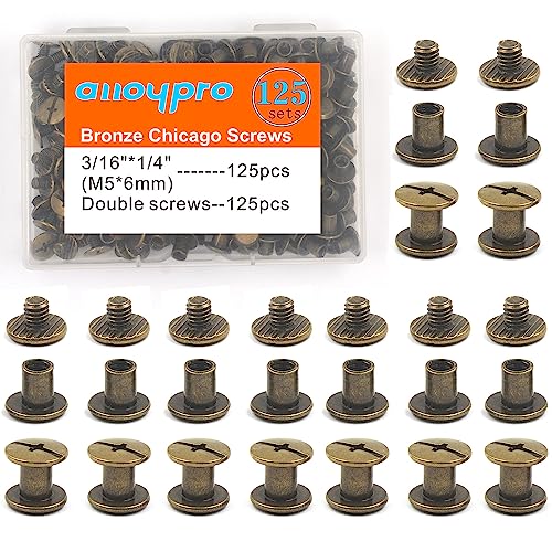Chicago Screws Assorted Kit Bronze Leather Rivets Screw Rivets Slotted Phillip Head Book Binding Posts Nail Rivet Chicago Bolts for DIY Leather Craft Bookbinding (Bronze 3/16"x1/4"-125 Sets) - size: Bronze 3/16"x1/4"-125 sets