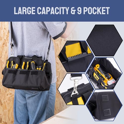 DELI 355-Piece Home Tool Set, Household Repairing Tool Kit with 14-Inch Wide Mouth Open Storage Tool Bag, Yellow