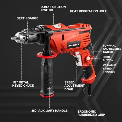 Enventor Hammer Drill with 9 Bits, Variable Speed, 900W, 1/2" Chuck, Corded