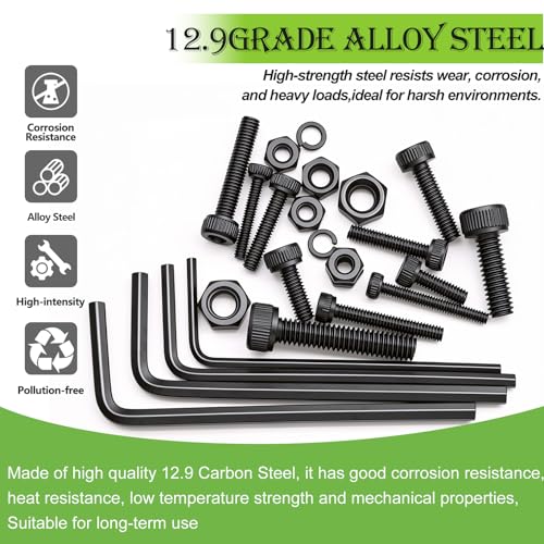 mxuteuk 888PCS Metric Screws Assortment,M4 M3 M2.5 M2 Screws Kit, Suitable for 3D Printing DIY, Grade 12.9 Alloy Steel Hex Socket Head Cap Bolts Nuts and Washers Kit, Black Zinc Plated - size: 888PCS M2 M2.5 M3 M4