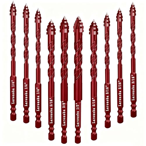 10pc Red Serrated Eccentric Masonry Drill Bit, Serrated Concrete Drill Bit Set for Ceramic Tile Brick Glass Plastic Marble and Wood (3/16” to 1/2”). - color: Red