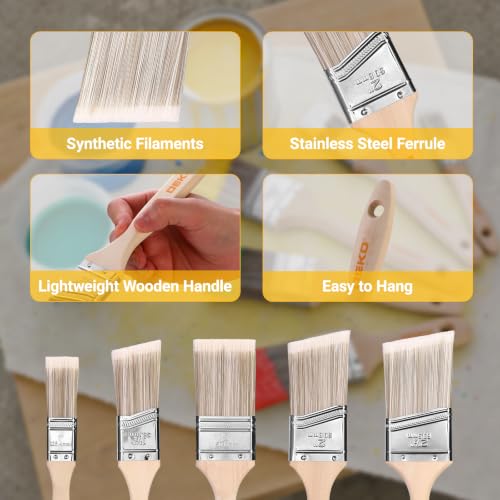 DEKOPRO Paint Brushes, 5-Piece Paint Brush Set with Wood Handle, Flat & Angle Paint Brushes for Walls, Trim, Cabinets & Detail Work, Interior & Exterior, Furniture, Latex and Oil Paints, Stains