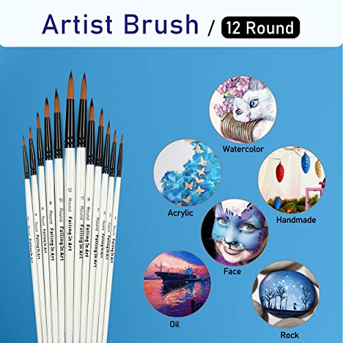 Falling in Art 12 PCS Professional Round Paint Brushes Set - size: 12 Pcs Round Nylon