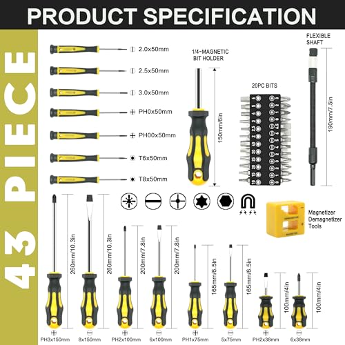 GMTOOLS 43pcs Magnetic Screwdriver Set, Including Slotted, Phillips, Hexagonal, Pozidriv, Magnetizer, Demagnetizer, Replaceable Screwdriver Bits and Sturdy Tool Case for DIY and Repair Work - style: 43pcs Magnetic Screwdriver Set