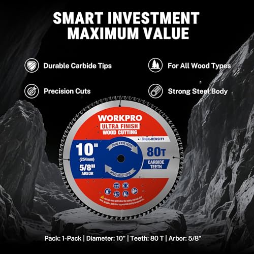 WORKPRO 10" Circular Saw Blade, 80T Ultra Fine Finish Wood Cutting