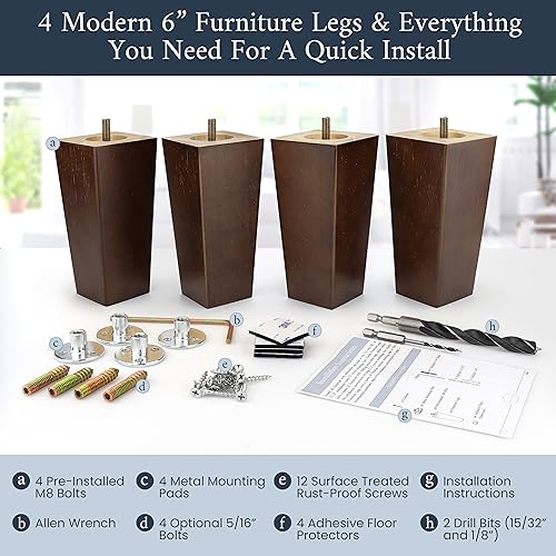 Airy Abode Premium Walnut Square Furniture Legs (Full Install Kit) - Pick Your Size and Color - color: Brown, size: 6 Inches