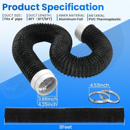 8FT Dryer Vent Hose, Heavy Duty 6-Layer Flexible Aluminum Dryer Duct - size: 4inch 8ft