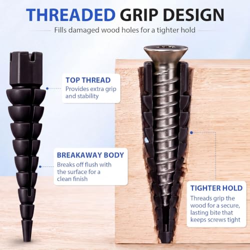 Bokon 30 Pcs Wood Anchor, Stripped Screw Hole Repair Kit,Black - color: Black