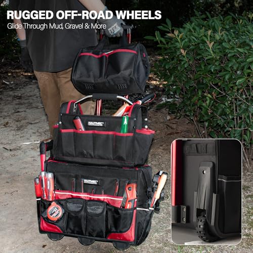 HAUTMEC 3-Piece Rolling Tool Bag Set - 18" Tool Bag with Wheels & Telescoping Handle, 15" Open Top Tool Tote & 12" Wide Mouth Small Bag, Heavy-Duty 1680D Water-Resistant Tool Storage - style: 3-Pcs Set | Red