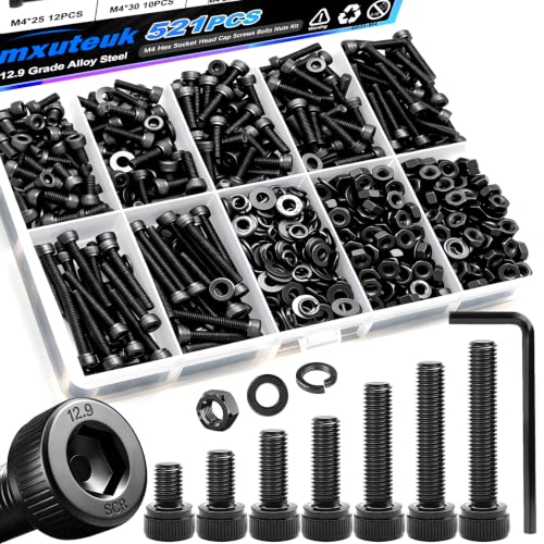 mxuteuk 521PCS M4 Screws Assortment Kit,M4×6/8/12/16/20/30mm 6 Size Hex Socket Head Cap Bolts, Nuts & Washers Set,12.9 Grade Alloy Steel Black Zinc M4 Bolts for Mechanical, Repair & DIY - size: 521PCS M4