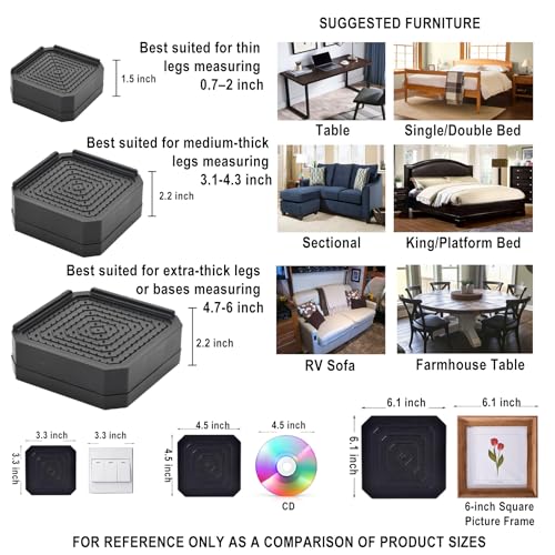 EclatBain Adjustable Bed Risers 3.6&5.3 Inch, 4000 lbs, 4 Middle Pack Black - color: Square-4 Pack-black, size: Med 2 Layer(3.6inch)