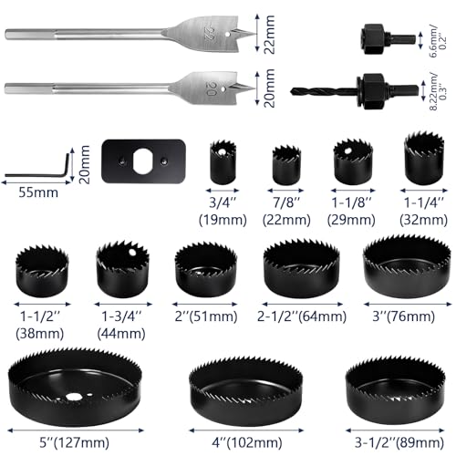 18Pcs Hole Saw Kit,Wood Hole Saw Set with 3/4in-5in Hole Saws,Mandrels,Drill Bits,Installation Plate,Hex Wrench,Flat Saw,Storage Case for Wood,Plywood,PVC,Drywall,Plastic