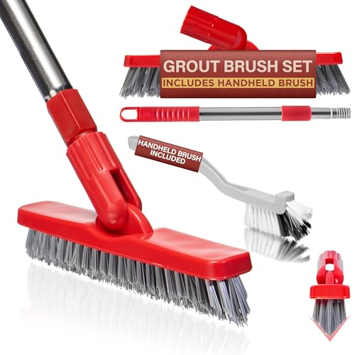 Foxtrot Living Grout Brush with Long Handle and Scrubber, Telescopic - color: Red