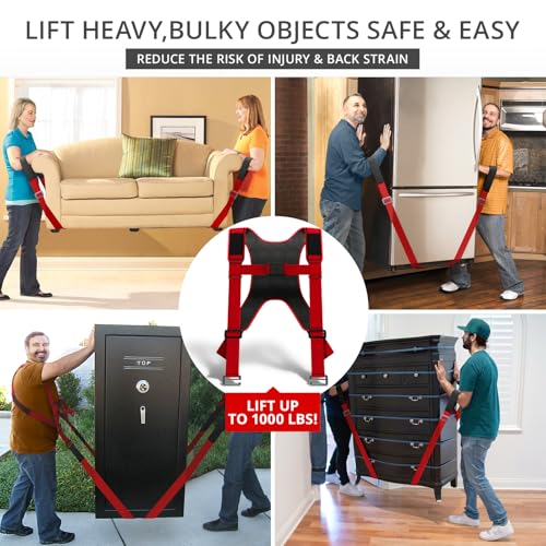 X-Protector Moving Straps - 2 Pairs - Red Lifting Straps for 2 Movers | Move Furniture Easily and Safely - Perfect for Lifting & Moving Heavy Objects (Adjustable Length 50-118”, with Back Support)