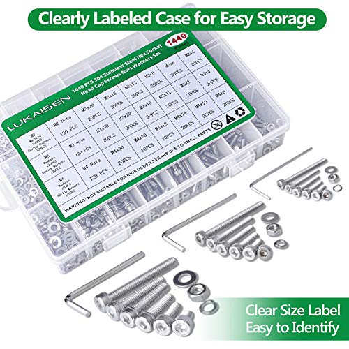 1440 Pcs M2 M3 M4 Hex Socket Head Screws Nuts Washers Kit, SS304 - size: SS M2 M3 M4 1440pcs 3