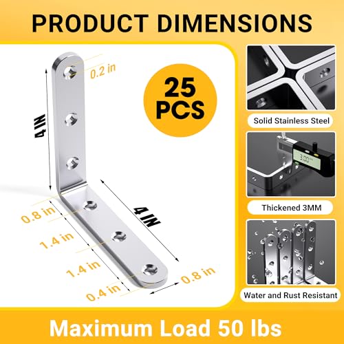 25Pcs Stainless Steel Angle Brackets 4”x 4” Heavy Duty Corner Brackets | 3MM Thick L Bracket for Wood 4in Stainless Corner Braces 90 Degree Metal Joint Hardware for Shelves Wooden Furniture Cabinet - size: Silver-4x4 Inch