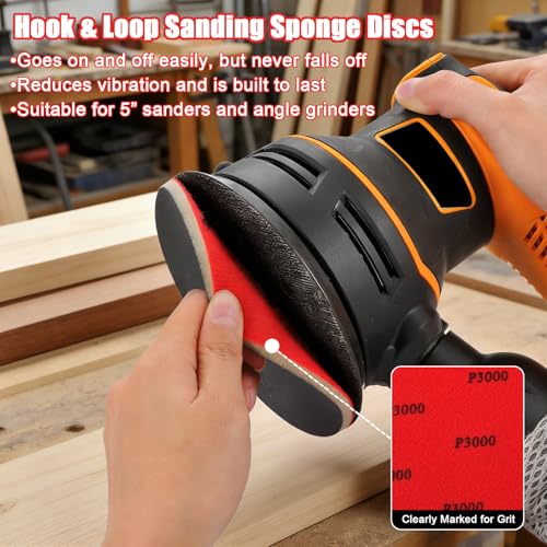MAXMAN Foam Sanding Pads, 5" Bowling Sanding Pads, 2000 Grit for Auto | 18pcs Sanding Sponge Set, Reusable Wet Dry Sandpaper Block, for Random Orbital Sander, Wood, Metal, Drywall & Curved Surfaces - size: 5 inch, style: 2000 Grit