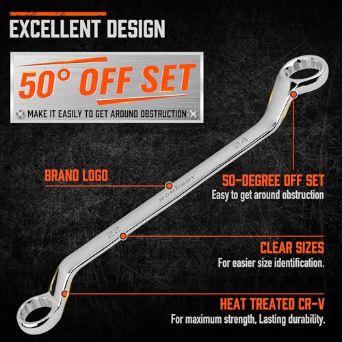 HORUSDY 9-Pieces Metric Offset Box Wrench Set with Rolling Pouch, 50-Degree, Metric 6-24mm, CR-V Steel - style: 9pcs Metric Offset Box Wrench Set