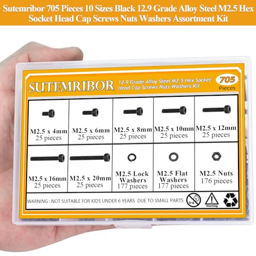 705 Pieces M2.5 Screws Nuts Washers Set Black, Sutemribor M2.5 x 4/6/8/10/12/16/20mm Hex Socket Head Cap Screws Nuts Washers Assortment Kit, 12.9 Grade Alloy Steel, Fully Threaded - size: M2.5 x 4/6/8/10/12/16/20mm Kit, style: Socket Head