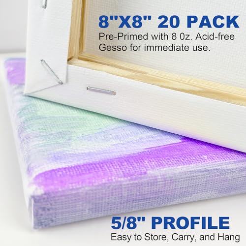 Halobios Professional Stretched Canvases for Painting with 8x8 Inch, 20 Packs Blank Painting Canvas for Acrylics,Oils & Other Painting Media, 5/8 Inch Profile 100% Cotton Artist Framed Canvas - size: 20 Pack - 8×8IN