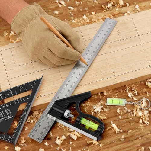 Rafter Square and Combination Square Tool Set, Including 7inch Carpenter-Square Wood Working Tool and Accessories, 12inch Square-Ruler(Color:Black)