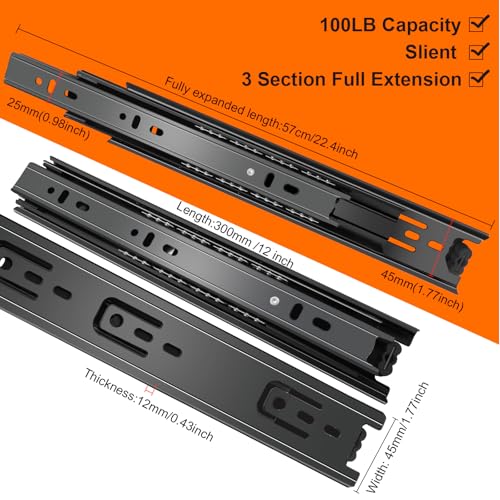 12 inch Drawer Slides 4 Pairs (8pcs) 3 fold Full Extension Side Mount Cabinet Drawer Glides 12" Black Cabinet Rails for Dresser, Cabinet, Kitchen,Trash Can, Wardrobe 100 LB Capacity - size: 12 Inch