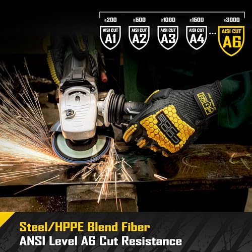 COOLJOB A6 Cut Resistant Anti Vibration Work Gloves Men, TPR Impact Reduce Mittens, Palm Rubber Patch Shock Absorption, S-2XL - size: Large