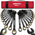 Premium 24-Piece Ratcheting Wrench Set, SAE(1/4-7/8") & Metric(8–19mm) Combination Wrenches, 72-Tooth CR-V Steel with Durable Black Finish, Ratchet Spanners with Roll-Up Tool Pouch for Repair - color: 24-pc Ratcheting (Black Finish)