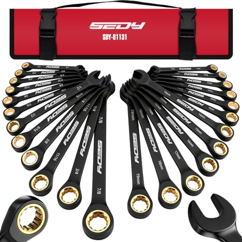 Premium 24-Piece Ratcheting Wrench Set, SAE(1/4-7/8") & Metric(8–19mm) Combination Wrenches, 72-Tooth CR-V Steel with Durable Black Finish, Ratchet Spanners with Roll-Up Tool Pouch for Repair - color: 24-pc Ratcheting (Black Finish)