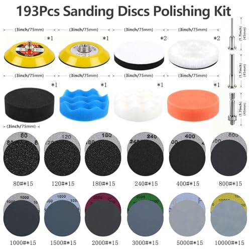 193 Pcs 3 Inch Sanding Discs, Headlight Restoration Polishing Kit - size: 3 Inch