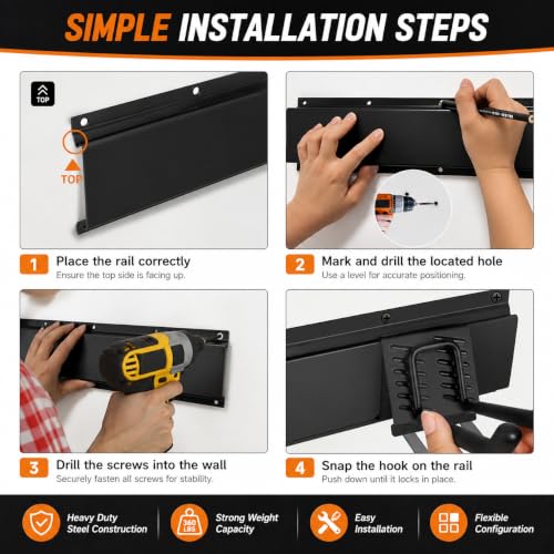 Garage Tool Organizer Wall Mount, Heavy Duty 48 Inch Garage Storage System with Adjustable Hooks, Garden Tool Rack for Shovel Rake Broom Snowboard Shed Organization - size: 48" Alloy Steel