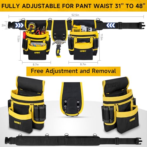 LEFOR·Z Tool Belt with 4 D-Rings,27-Pockets Tool Belts for Men,Construction - color: Yellow & Black, size: 27 Pockets with Magnet Pouch