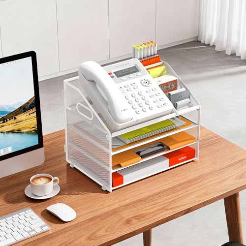 DocNest 4 Tier Metal Mesh Desk File Organizer with Phone Shelf, White - color: White, size: 12.6" x 9.1" x 10.3"