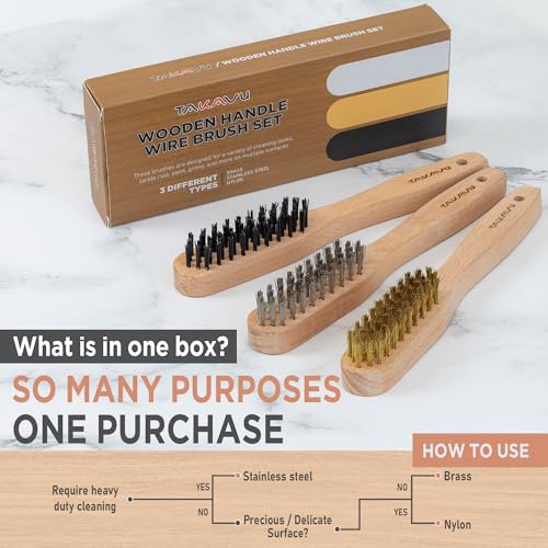 TAKAVU Wire Brush Set, 3 Piece, Stainless Steel, Brass & Nylon Bristles