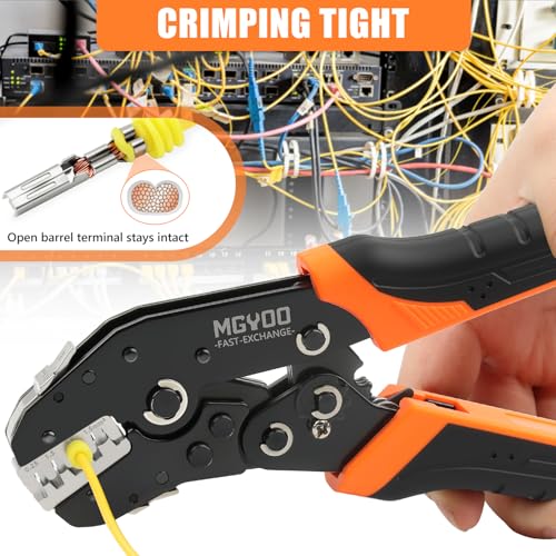 Wire Crimping Tool Kit 7Pcs Ratchet Wire Crimper for Insulated Nylon Connector,Non-Insulated Butt Connectors Ring Terminals,Open Barrel Terminals,Solar Connectors - Crimp Tool with 6 Dies