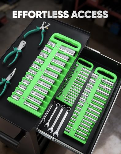 Reniteco 3-Piece Magnetic Socket Organizer Tray, for 1/2'', 3/8 '', 1/4'' Drive Metric/SAE Hold up to 76 Sockets, Heavy-Duty Socket Holder with Handle & Magnetic Base, Sockets Not Included - color: Green