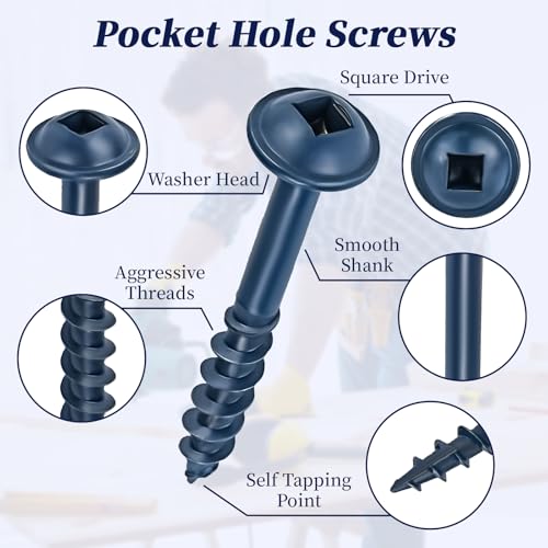 Pocket Hole Screws #8 x 1-1/2", Goobetter Pocket Screws 1-1/2 Inch 600 Pcs for Exterior, Washer Head with Square Drive, Coarse Thread, Blue Coated, Self Tapping, 100MM Drive Bit Included - size: #8 x 1-1/2"