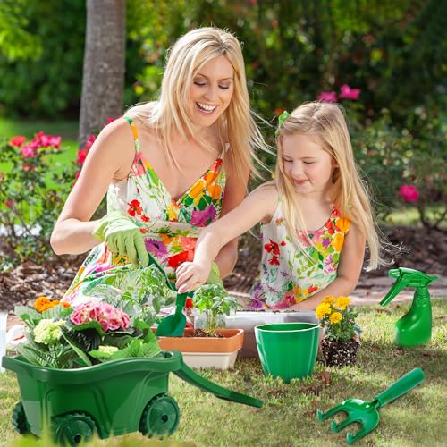 Duckura Kids Gardening Tools Set, Wheelbarrow Sets Outdoor Yard Toy Ages 3+ | Real Shovel Rake Hoe and Leaf Rake, Outdoor yard Play, Digging Weed Garden Educational Toys, Gift for Toddler Boys & Girls - color: Green-11pcs