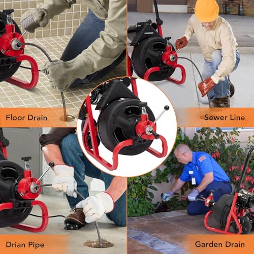 Drain Cleaner Machine, 100 ft X 3/8 in Drain Auge, Auto-feed Professional 6.8A Electric Drain Auger, Air-Activated Foot Switch, w/ 6 Cutters, Gloves, Cleaner Sewer Snake - style: 100FT 3/8"