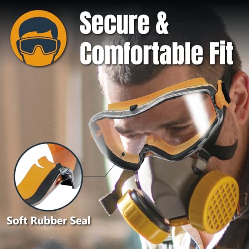 POWERTEC Safety Goggles Over Glasses, Scratch Proof UV Protection Anti-fog Safety Goggles, Chemical Splash Protective Eyewear W/Adjustable Headband for Woodworking, Mowing, Construction (71563)
