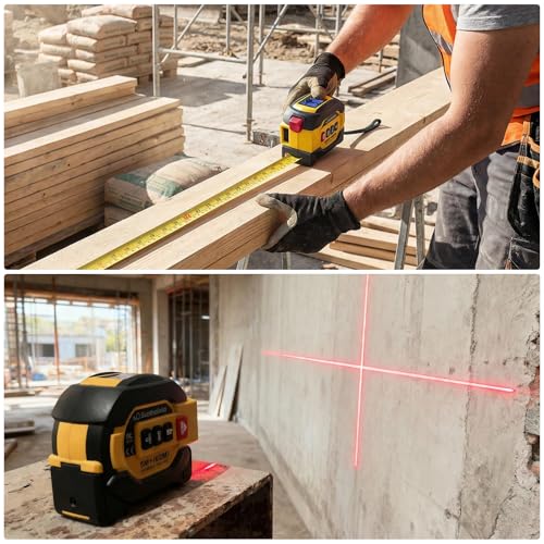 Laser Tape Measure 3 in 1 with Laser Level Crosshairs |196ft/60m LCD - color: Yellow