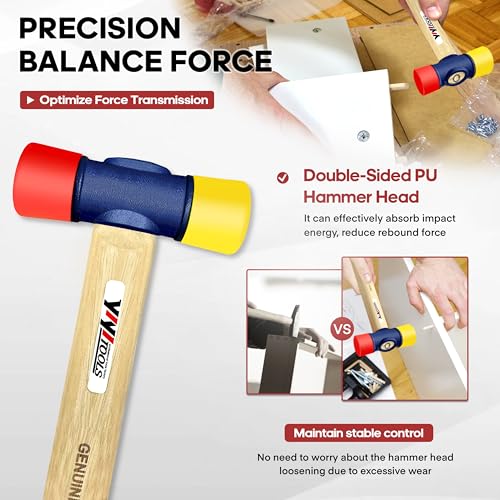 YIYITOOLS 12oz Double Faced Hammer, Double-Sided PU Mallet, High Carbon Steel Head, Hard Hickory Wood Handle, Flooring Installation,Rubber Mallet for Camping Woodworking,Tile Laying,Furniture Assembly