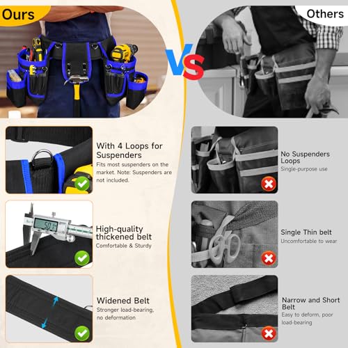 Tool Belt with 4 D-Rings,27-Pockets Tool Belts for Men,Construction - color: Blue & Black, size: 27 Pockets with Magnet Pouch