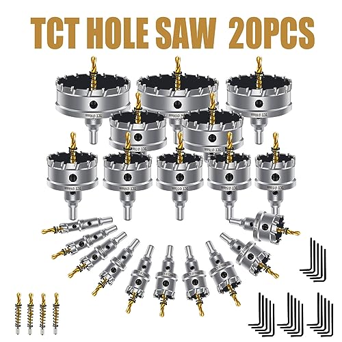 20Pcs TCT Carbide Hole Saw Kit with 4 Drill Bits,Hole Saw Set for Metal,Tipped Tooth Cutting Hole Saw, Hole Cutter Heavy Duty for Stainless Steel,Iron,Aluminum,Sheet Metal (5/8''to 3-15/16'') - size: （5/8" to 3-15/16")-20PC