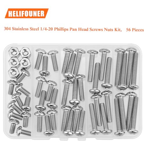 HELIFOUNER 56 Pieces 1/4-20 x 1/2" 3/4" 1" 1-1/4" 1-1/2", Phillips Pan Head Machine Screws Bolts Nuts Kit, Coarse Thread, Fully Machine Threaded, 304 Stainless Steel - size: 1/4-20, style: Phillips Pan Head