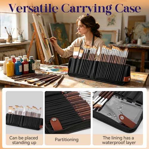 Paint Brushes Set of 26 Pieces Watercolor Acrylic Paint Brushes with Self-Standing Case, Professional Wooden Handle Brushes for Oil, Acrylic and Watercolor Painting, Face Painting