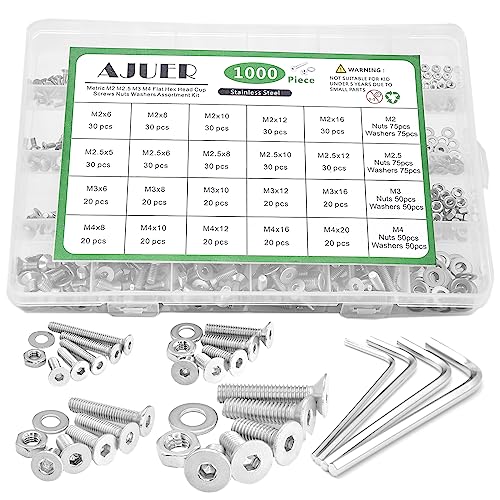 Metric 1000 Pieces M2 M2.5 M3 M4 Flat/Countersunk Head Socket Cap Screws 304 Stainless Steel Cap Bolts/Screws Nuts Washers Assortment Kit with 4Pcs Hex Wrenches - size: sllver 1000pcs hex flat haed cup screw