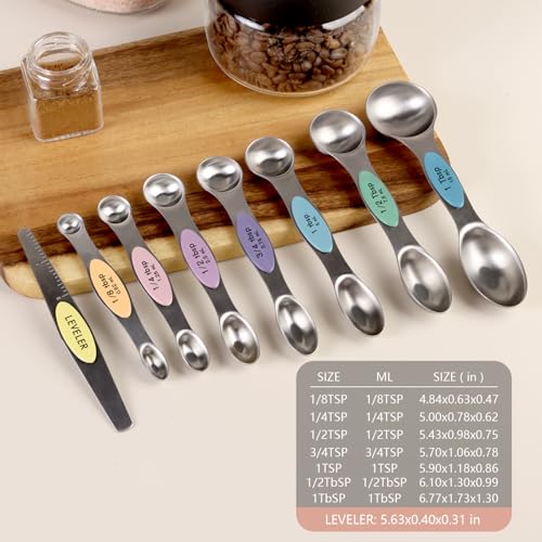 ChefAide Set of 8 Magnetic Measuring Spoons, Stainless Steel, Dual Sided - color: Multicolor-4, size: Magnetic Measuring Spoons